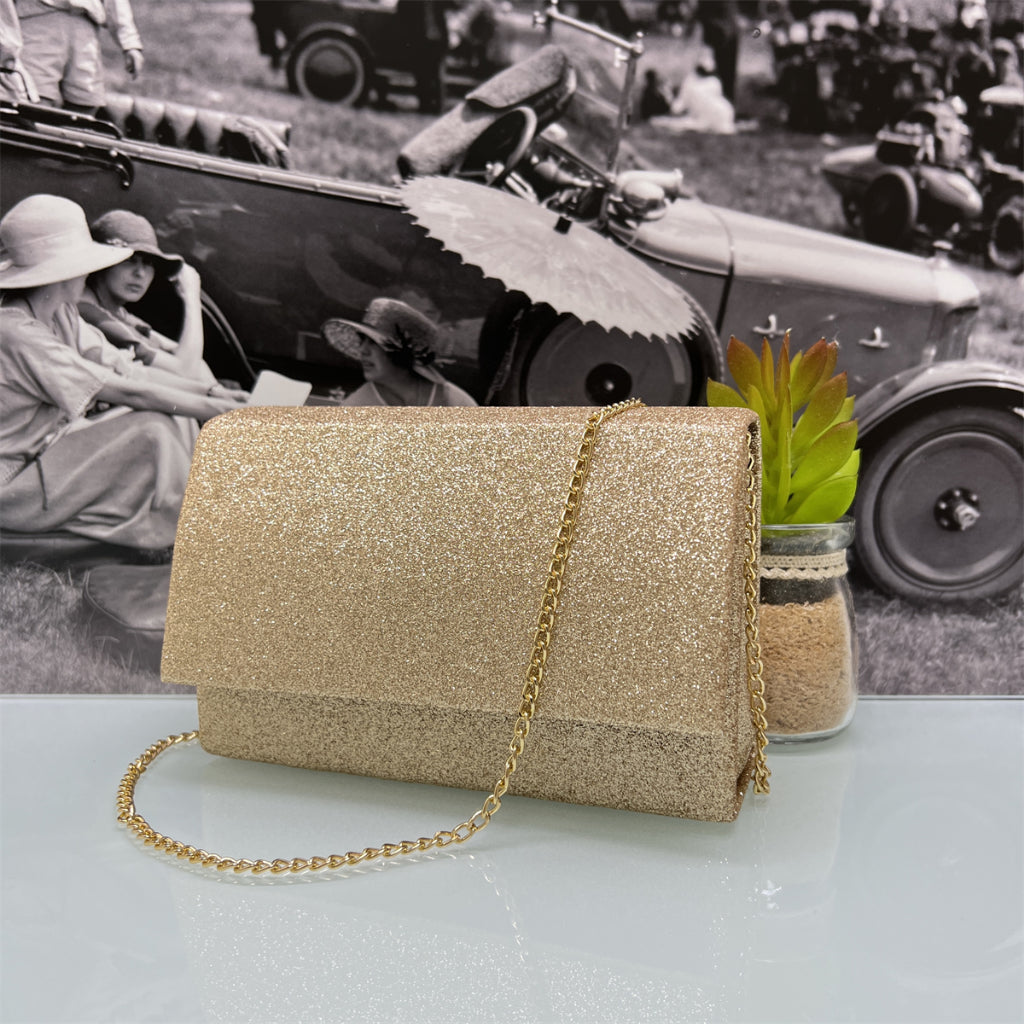 Bolsa de Festa Beloria – Luxo Glitter Listrada, Baguette Quadrada com Alça Corrente