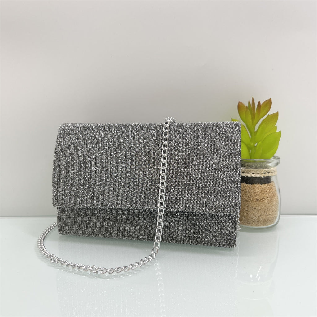 Bolsa de Festa Beloria – Luxo Glitter Listrada, Baguette Quadrada com Alça Corrente