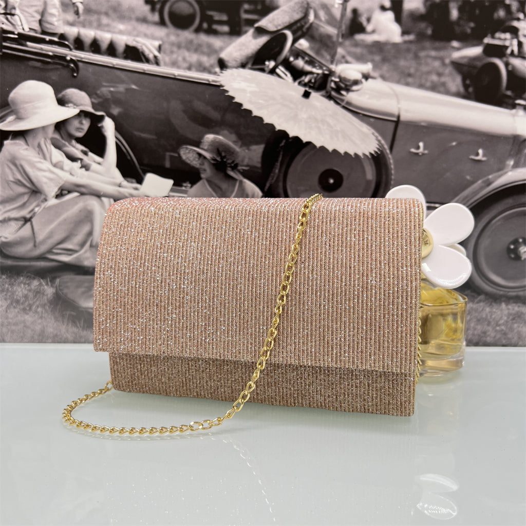 Bolsa de Festa Beloria – Luxo Glitter Listrada, Baguette Quadrada com Alça Corrente