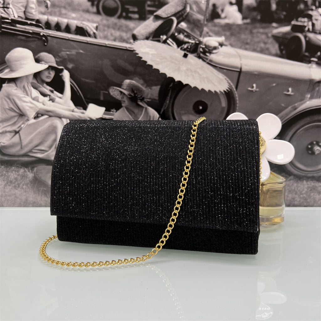 Bolsa de Festa Beloria – Luxo Glitter Listrada, Baguette Quadrada com Alça Corrente