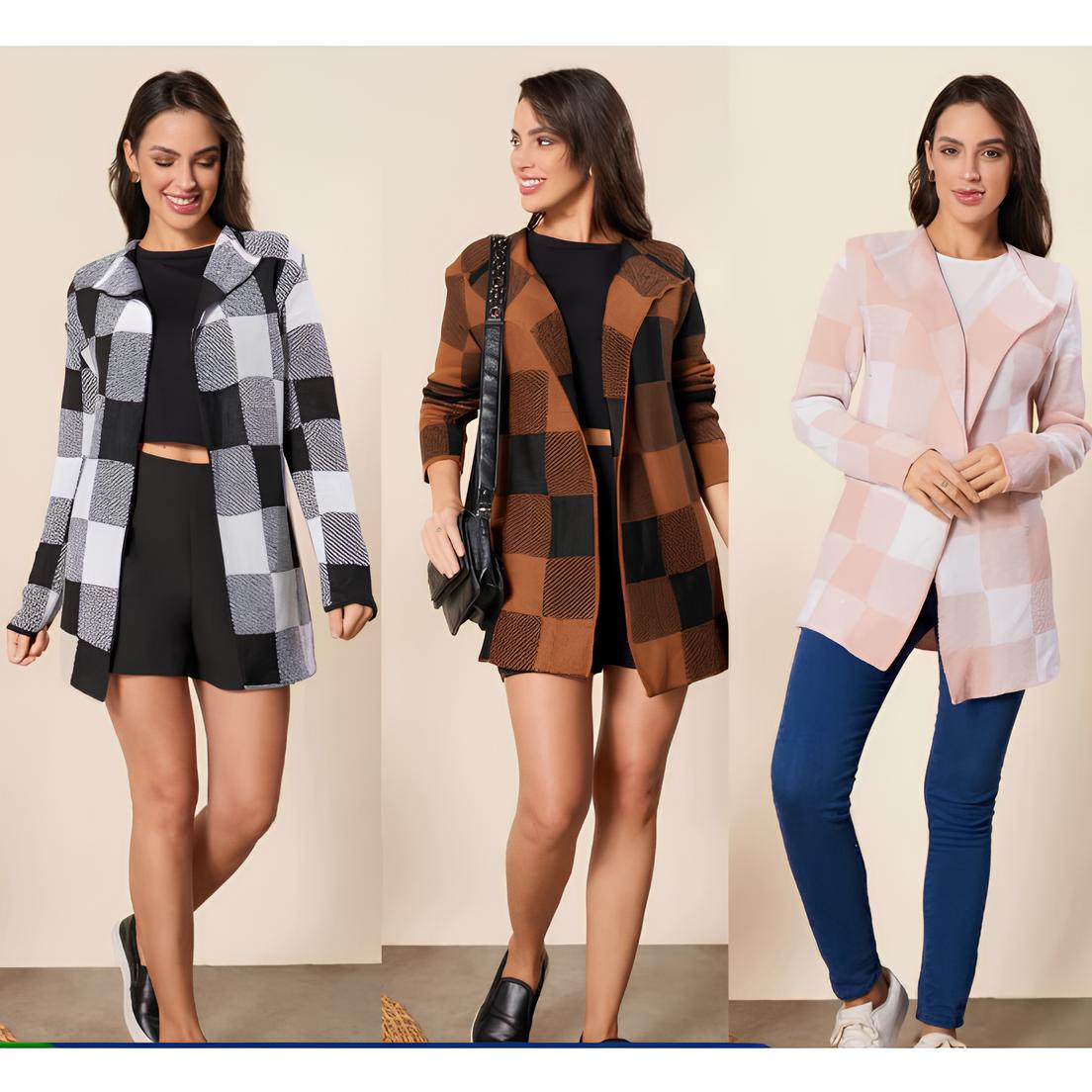 Cardigan Feminino Xadrez de Tricô – Kimono de Inverno com Manga Longa e Caimento Sofisticado