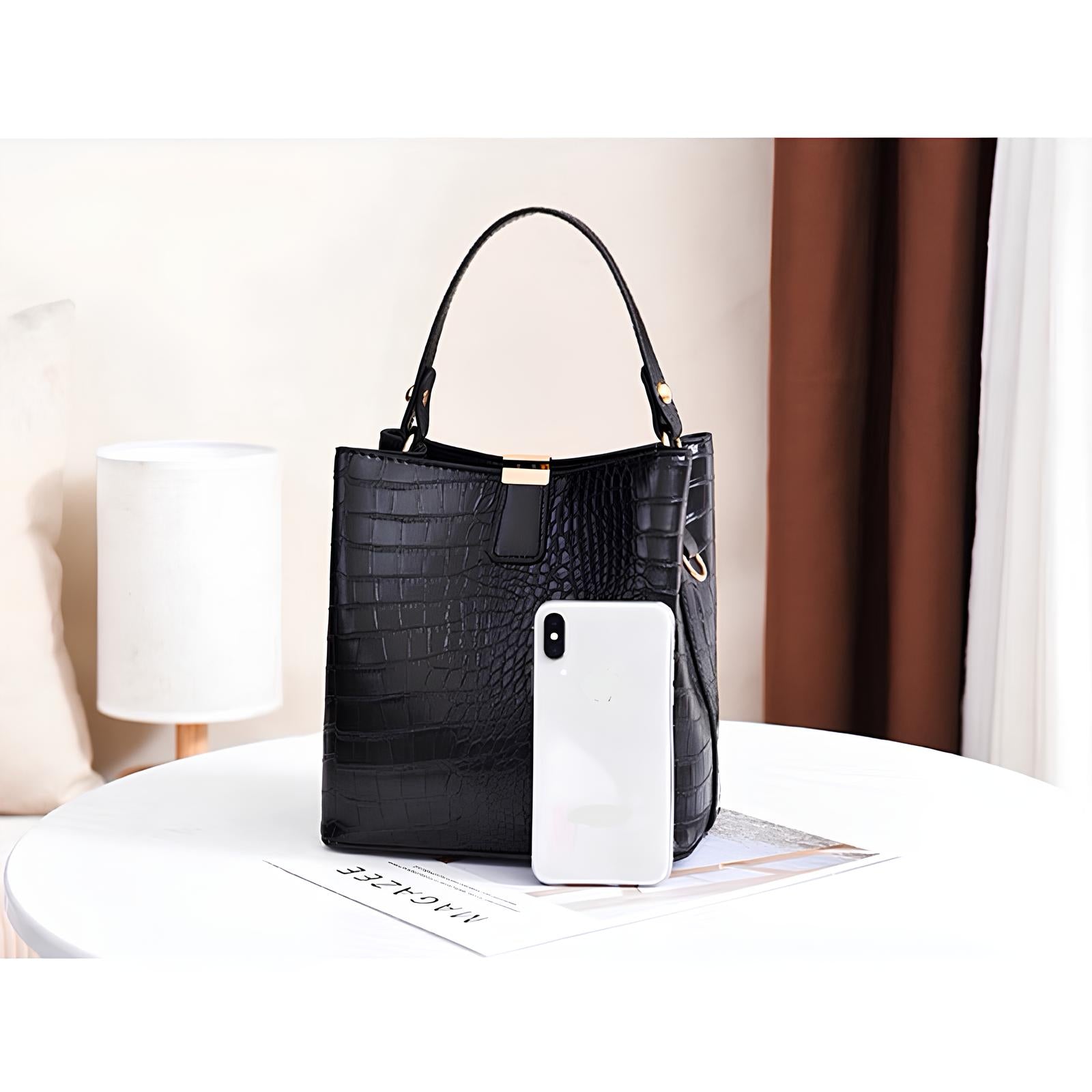 Bolsa Bucket Feminina de Couro Croco | Bolsa de Ombro e Crossbody Elegante