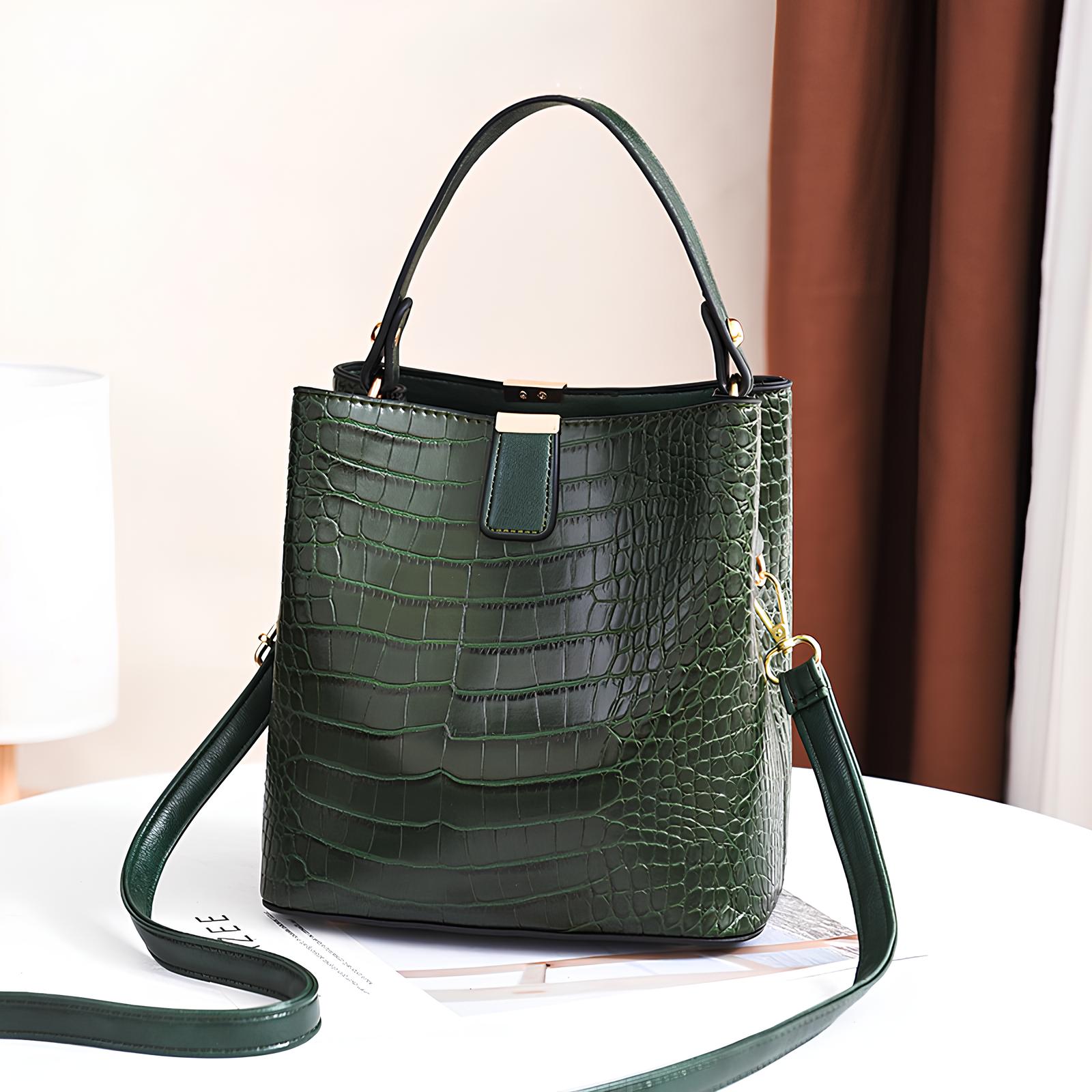 Bolsa Bucket Feminina de Couro Croco | Bolsa de Ombro e Crossbody Elegante