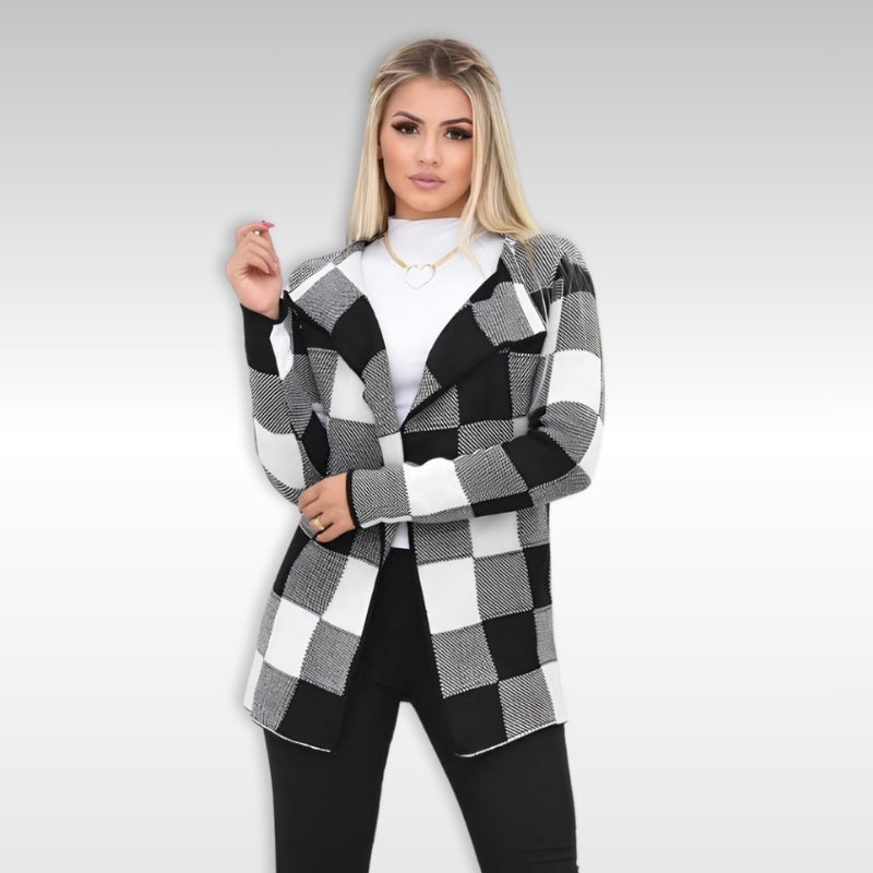 Cardigan Feminino Xadrez de Tricô – Kimono de Inverno com Manga Longa e Caimento Sofisticado