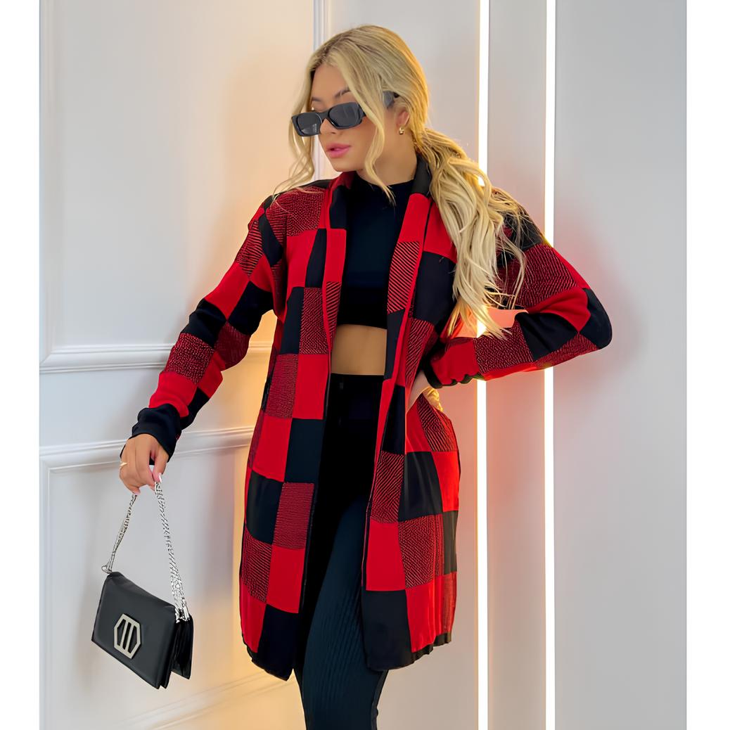 Cardigan Feminino Xadrez de Tricô – Kimono de Inverno com Manga Longa e Caimento Sofisticado